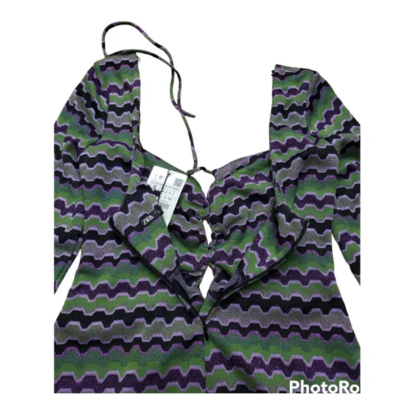 NWT Zara Purple Green Metallic Zig Zag Knit Keyhole Retro Mini Dress Size S - Picture 9 of 10